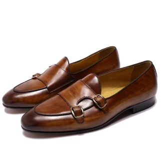 Genuine Leather Hand-Painted Monk Strap Loafer Shoes - Black and Brown Dress Shoes for Men