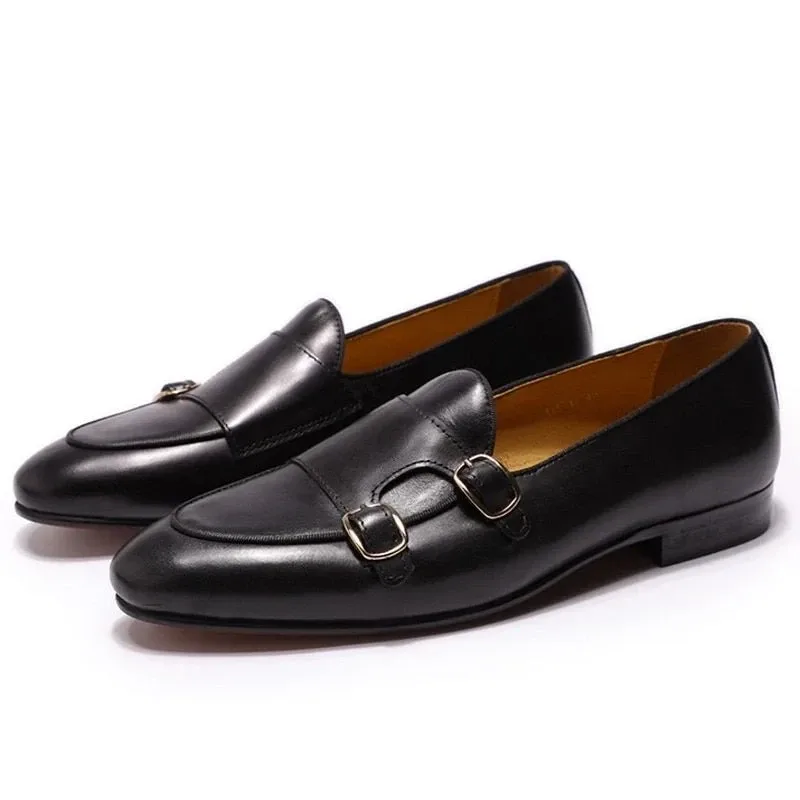 Genuine Leather Hand-Painted Monk Strap Loafer Shoes - Black and Brown Dress Shoes for Men - Image 2