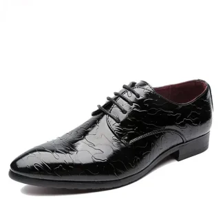 British Fashion Embossed Leather Pointed Toe Dress Shoes - Men’s Personality Lace-Up Casual Business Shoes