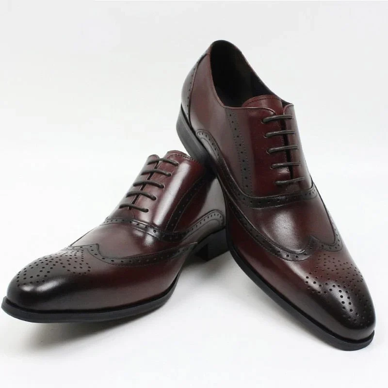 Italian Leather Wingtip Brogue Oxford Shoes - Burgundy Lace-Up Formal Shoes for Men - Image 2