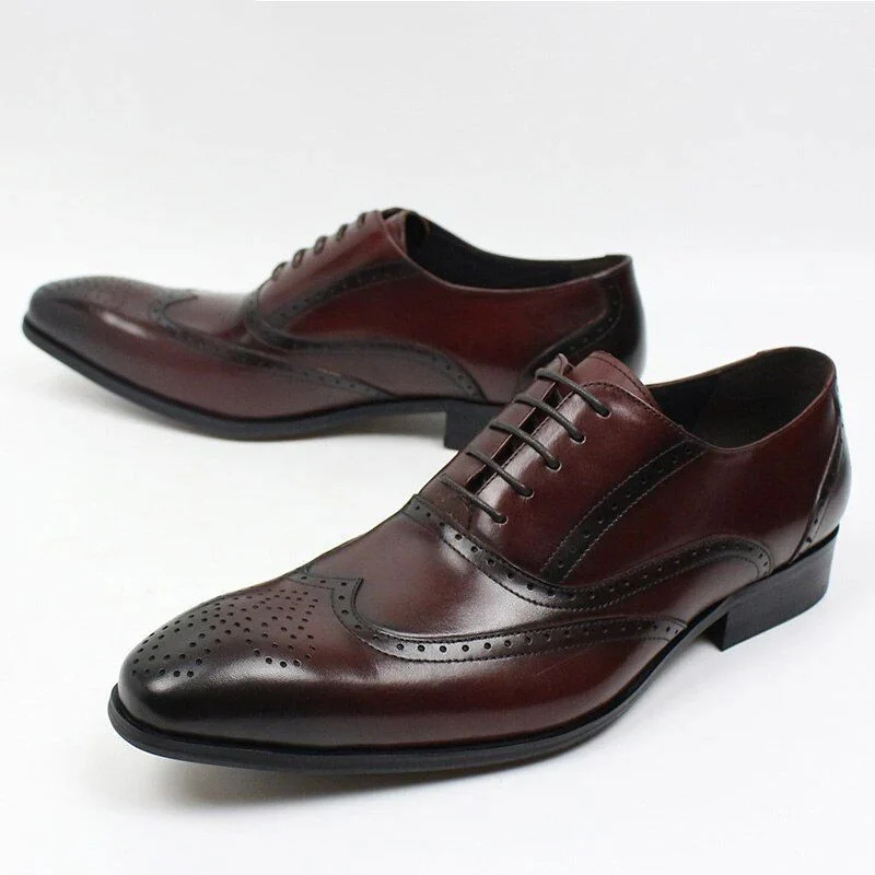 Italian Leather Wingtip Brogue Oxford Shoes - Burgundy Lace-Up Formal Shoes for Men - Image 3