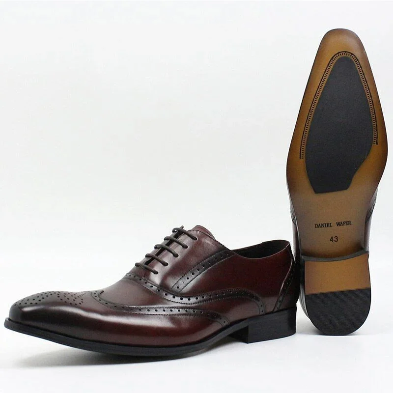 Italian Leather Wingtip Brogue Oxford Shoes - Burgundy Lace-Up Formal Shoes for Men - Image 4