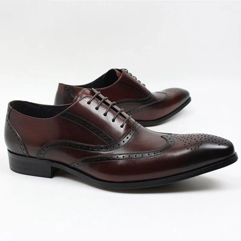 Italian Leather Wingtip Brogue Oxford Shoes - Burgundy Lace-Up Formal Shoes for Men - Image 5