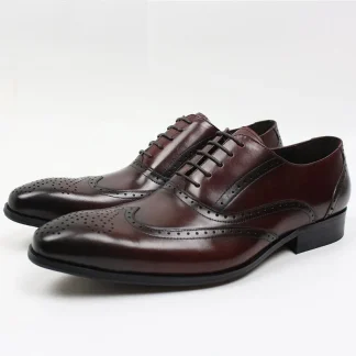 Italian Leather Wingtip Brogue Oxford Shoes - Burgundy Lace-Up Formal Shoes for Men