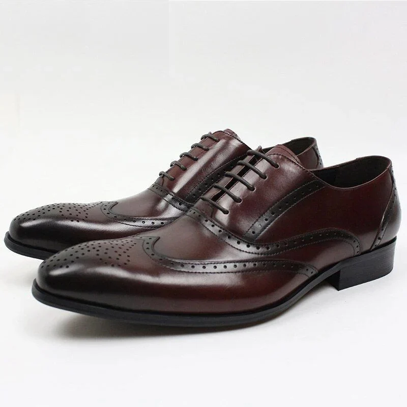 Italian Leather Wingtip Brogue Oxford Shoes - Burgundy Lace-Up Formal Shoes for Men