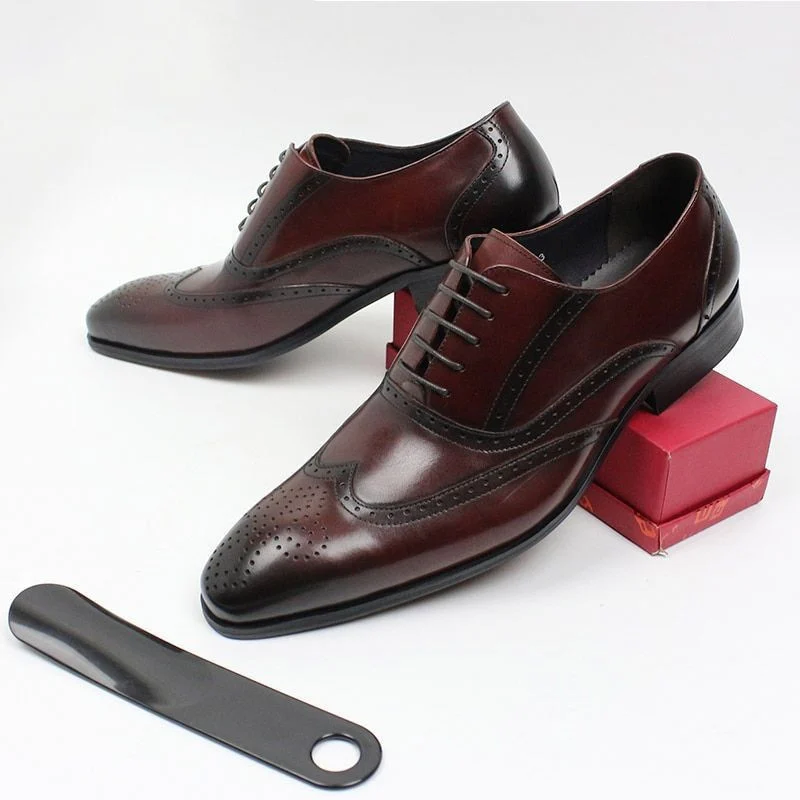 Italian Leather Wingtip Brogue Oxford Shoes - Burgundy Lace-Up Formal Shoes for Men - Image 7