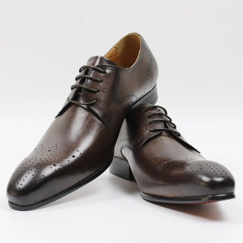 Men's Genuine Leather Derby Shoes - Pointed Toe Brogue Formal Shoes for Business, Office, and Weddings - Image 2