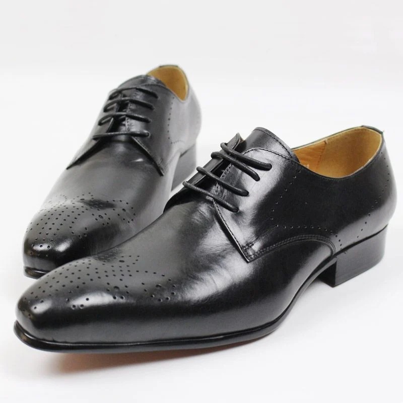 Men's Genuine Leather Derby Shoes - Pointed Toe Brogue Formal Shoes for Business, Office, and Weddings - Image 5