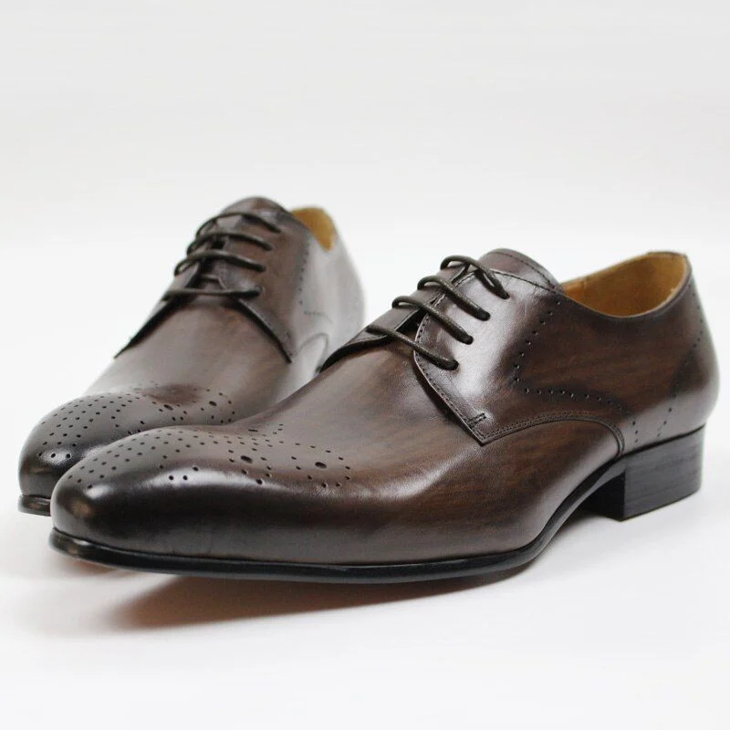 Men's Genuine Leather Derby Shoes - Pointed Toe Brogue Formal Shoes for Business, Office, and Weddings