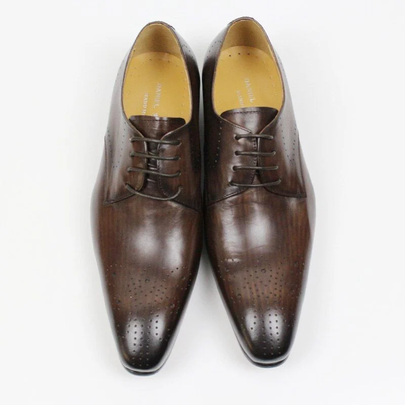 Men's Genuine Leather Derby Shoes - Pointed Toe Brogue Formal Shoes for Business, Office, and Weddings - Image 3