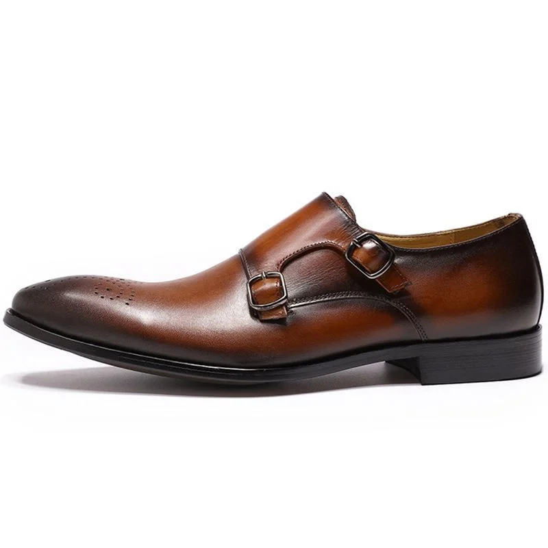 High-Grade Genuine Leather Slip-On Monk Strap Shoes - Medallion Brown Formal Loafers for Men - Image 4