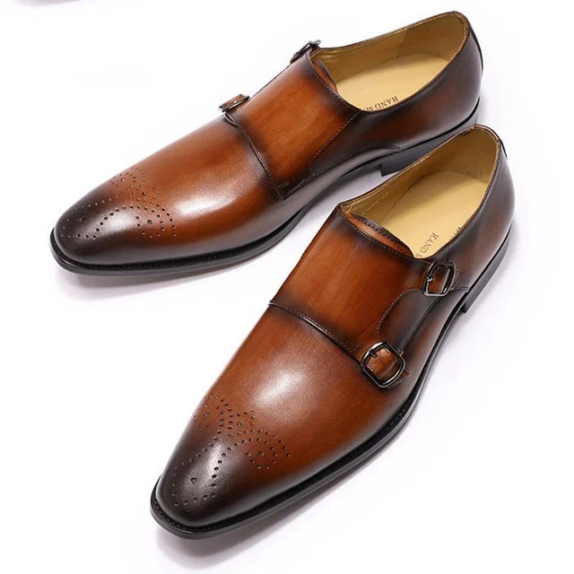 High-Grade Genuine Leather Slip-On Monk Strap Shoes - Medallion Brown Formal Loafers for Men - Image 8