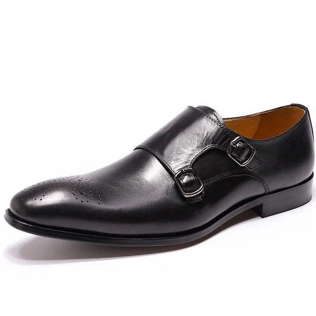 High-Grade Genuine Leather Slip-On Monk Strap Shoes - Medallion Brown Formal Loafers for Men - Image 5