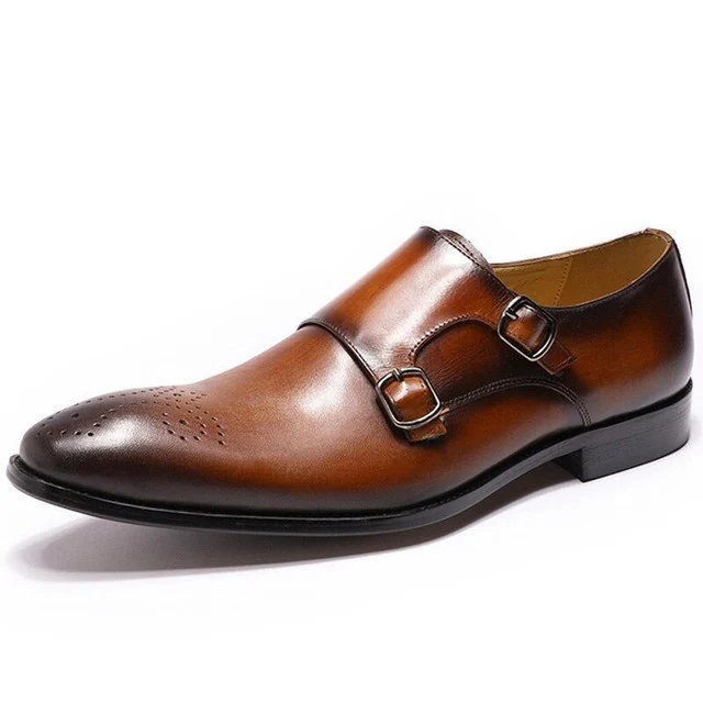High-Grade Genuine Leather Slip-On Monk Strap Shoes - Medallion Brown Formal Loafers for Men - Image 6