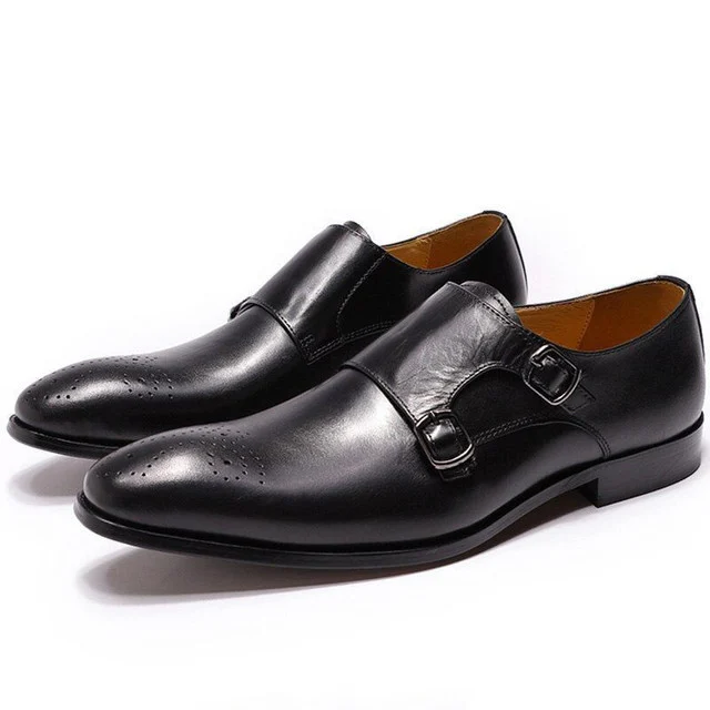 High-Grade Genuine Leather Slip-On Monk Strap Shoes - Medallion Brown Formal Loafers for Men