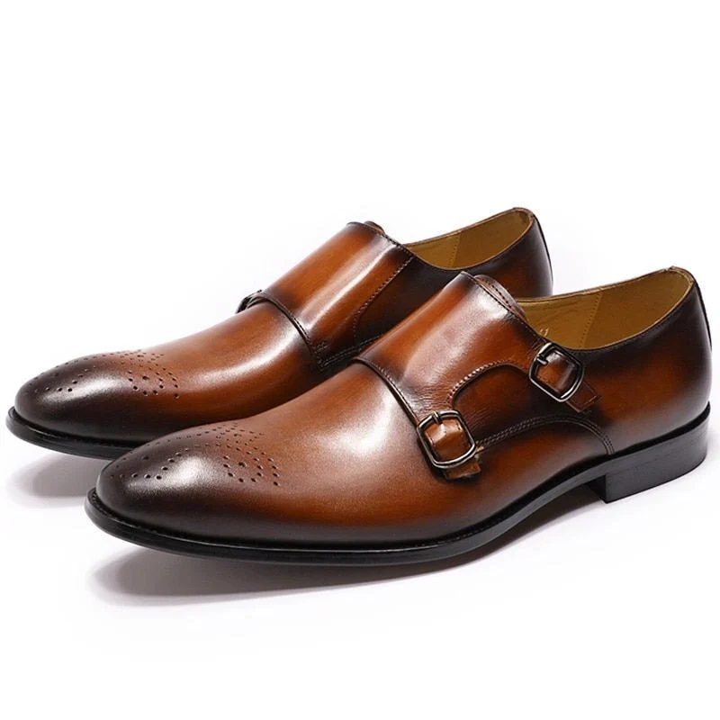 High-Grade Genuine Leather Slip-On Monk Strap Shoes - Medallion Brown Formal Loafers for Men - Image 2