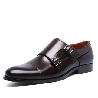 Genuine Leather Double Buckle Formal Shoes - Retro Monk Strap Men's Dress Shoes
