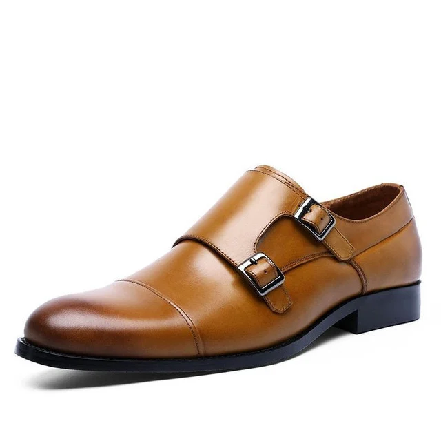 Genuine Leather Double Buckle Formal Shoes - Retro Monk Strap Men's Dress Shoes - Image 2