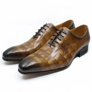 Luxury Crocodile-Embossed Leather Oxford Shoes – Classic Pointed Toe Office Dress Shoes for Men
