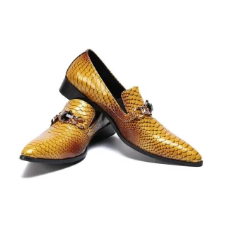 Christia Bella New Fashion Genuine Leather Business Shoes - Plus Size Crystal Chain Slip-On Pointed Toe Formal Dress Shoes