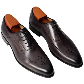 Men's Grey Oxford Brogue Leather Dress Shoes - Mid Heel Italian Style Formal Wedding and Office Shoes