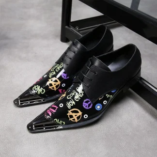 Christia Bella Printing Genuine Leather Business Shoes - Fashion Plus Size Lace-Up Metal Pointed Toe Formal Dress Shoes