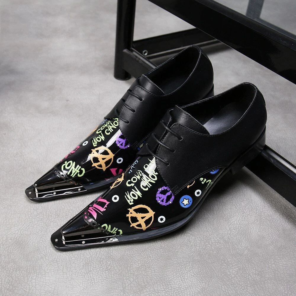 Christia Bella Printing Genuine Leather Business Shoes - Fashion Plus Size Lace-Up Metal Pointed Toe Formal Dress Shoes