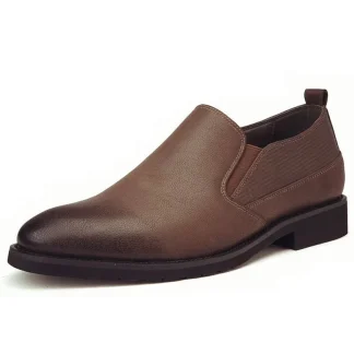 Misalwa Solid Leather Men’s Casual Dress Shoes - Khaki Slip-On Business Loafers with Elastic Band