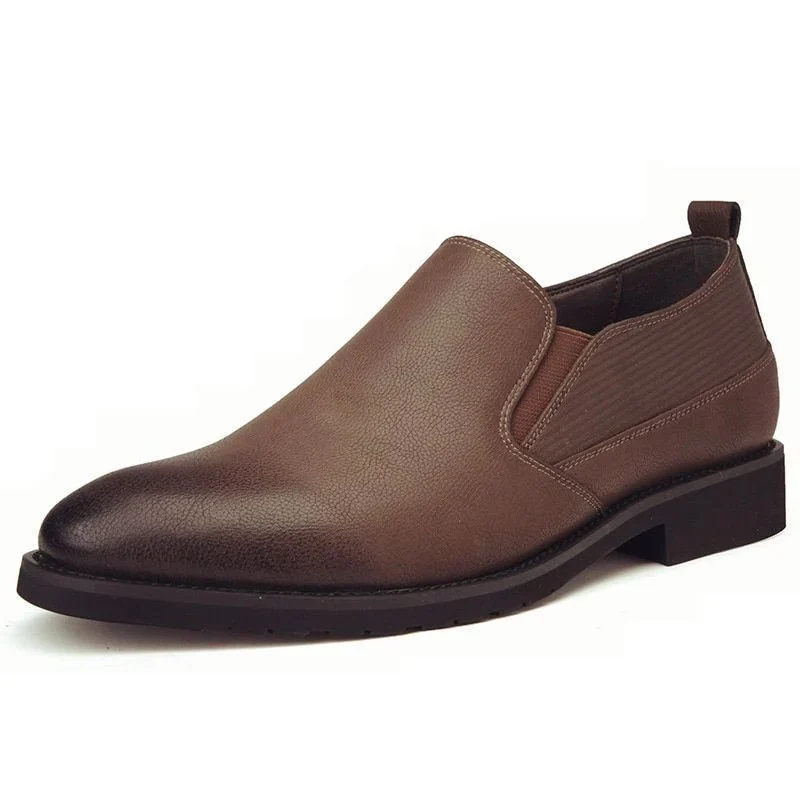 Misalwa Solid Leather Men’s Casual Dress Shoes - Khaki Slip-On Business Loafers with Elastic Band