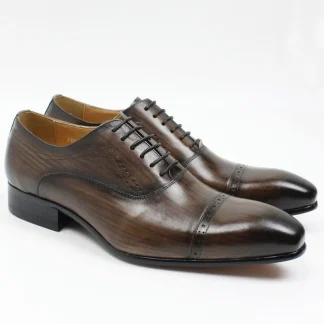 Genuine Leather Cap Toe Oxford Shoes - Men's Lace-Up Formal Brogue for Office, Wedding, and Formal Events