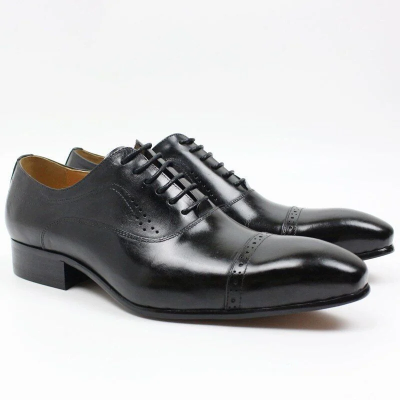 Genuine Leather Cap Toe Oxford Shoes - Men's Lace-Up Formal Brogue for Office, Wedding, and Formal Events - Image 2