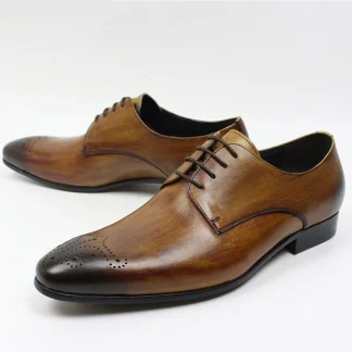 Genuine Leather Casual Derby Shoes for Men - Pointed Toe Lace-Up Flats for Office and Formal Wear
