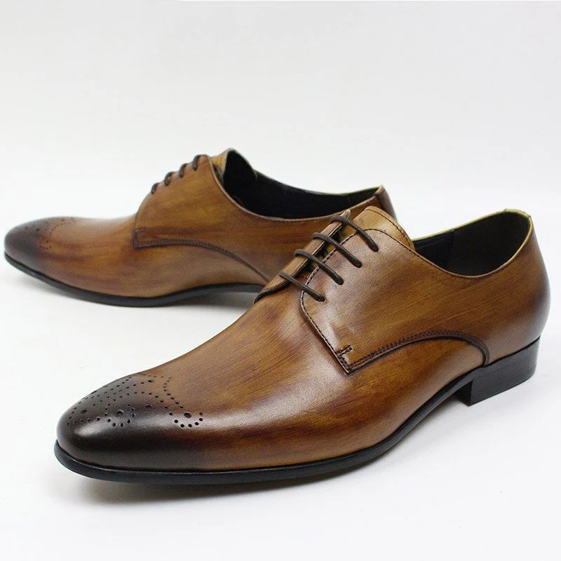 Genuine Leather Casual Derby Shoes for Men - Pointed Toe Lace-Up Flats for Office and Formal Wear