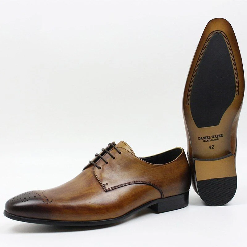 Genuine Leather Casual Derby Shoes for Men - Pointed Toe Lace-Up Flats for Office and Formal Wear - Image 3