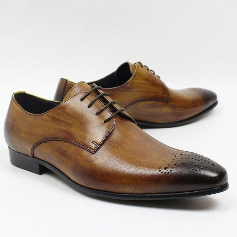 Genuine Leather Casual Derby Shoes for Men - Pointed Toe Lace-Up Flats for Office and Formal Wear - Image 2