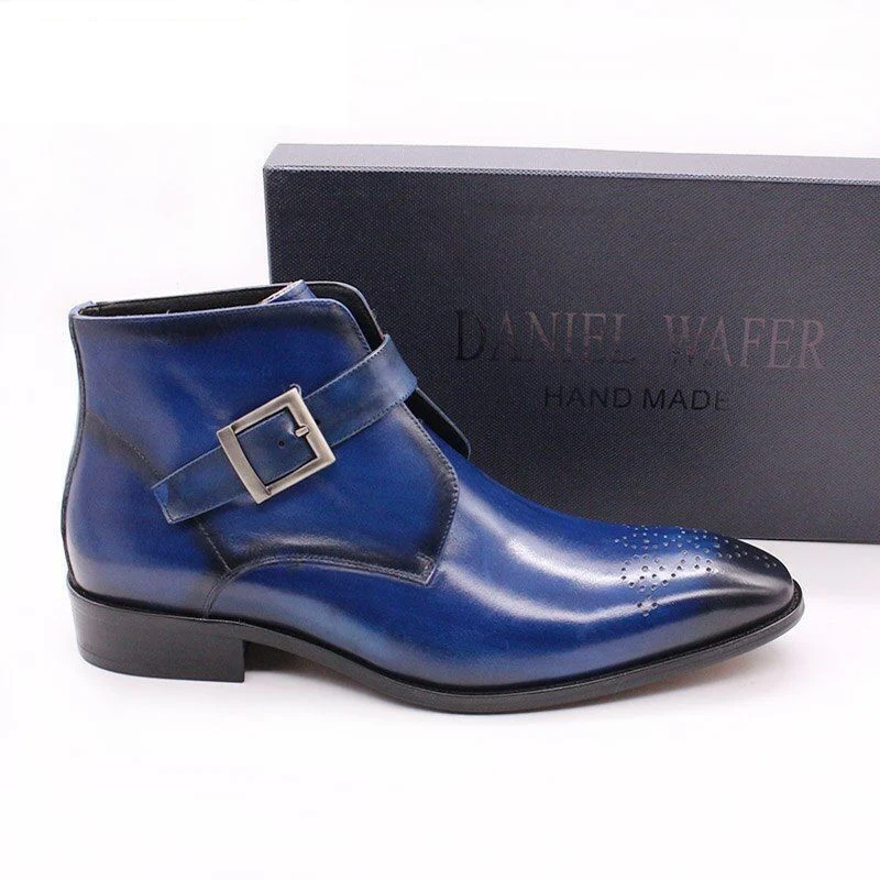 Luxury Handmade Blue Genuine Leather Ankle Boots - Pointed Toe Buckle Strap Dress Shoes for Men - Image 2