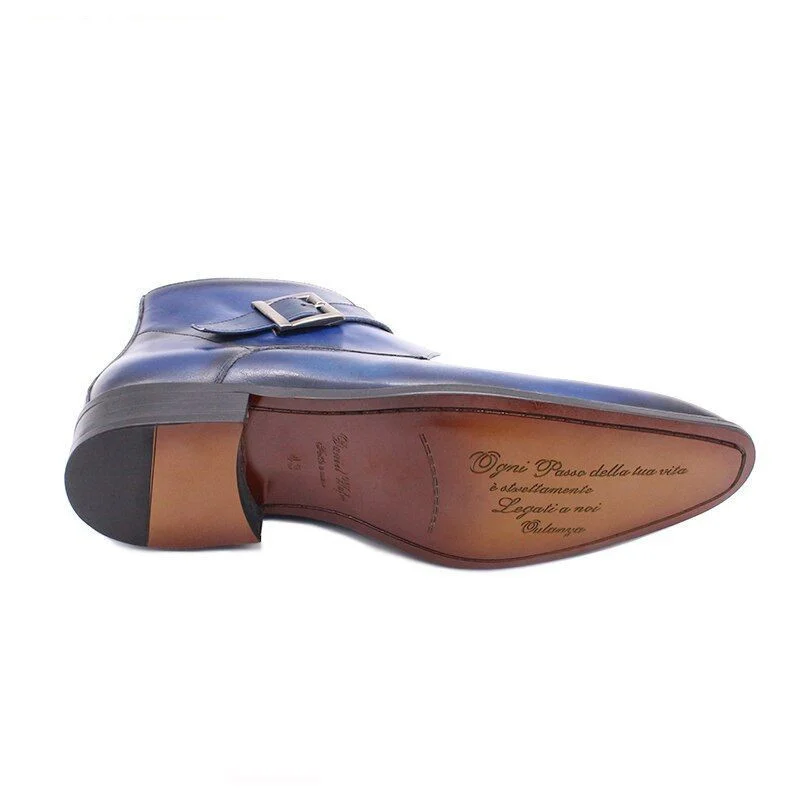Luxury Handmade Blue Genuine Leather Ankle Boots - Pointed Toe Buckle Strap Dress Shoes for Men - Image 3