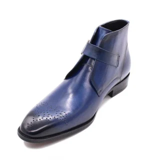 Luxury Handmade Blue Genuine Leather Ankle Boots - Pointed Toe Buckle Strap Dress Shoes for Men