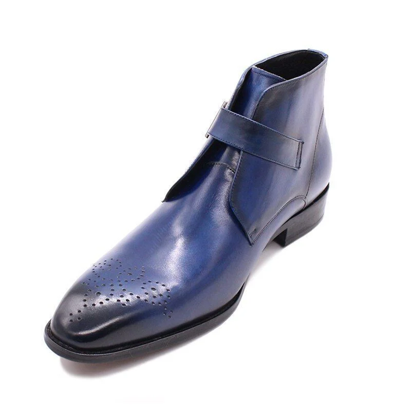 Luxury Handmade Blue Genuine Leather Ankle Boots - Pointed Toe Buckle Strap Dress Shoes for Men