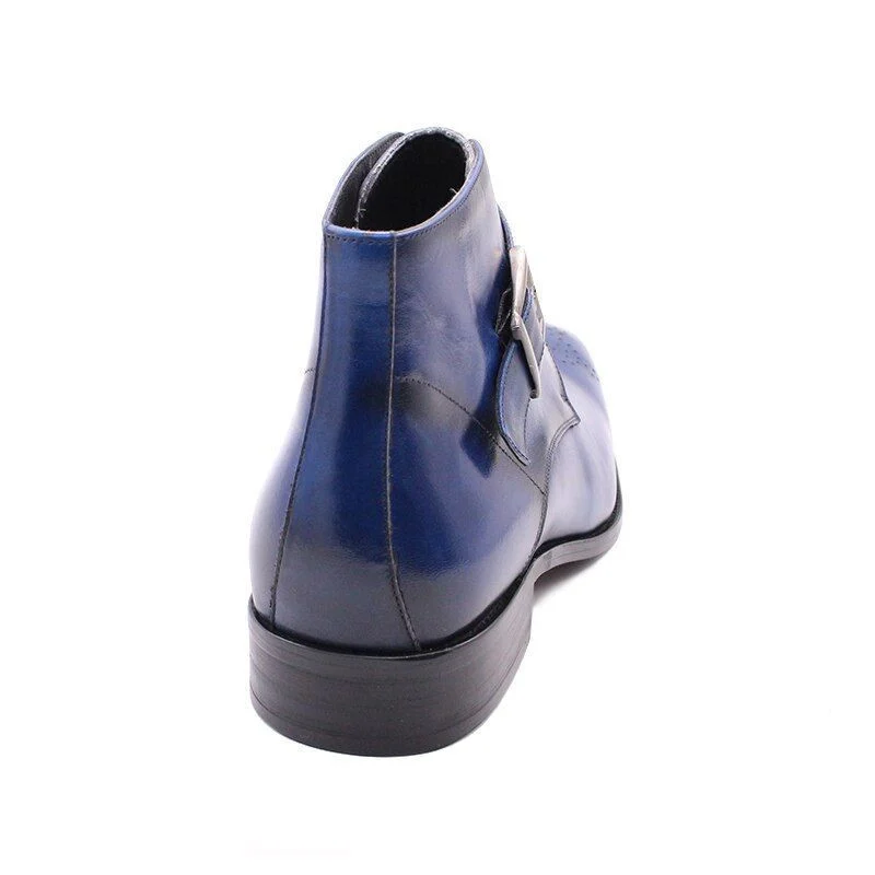Luxury Handmade Blue Genuine Leather Ankle Boots - Pointed Toe Buckle Strap Dress Shoes for Men - Image 4