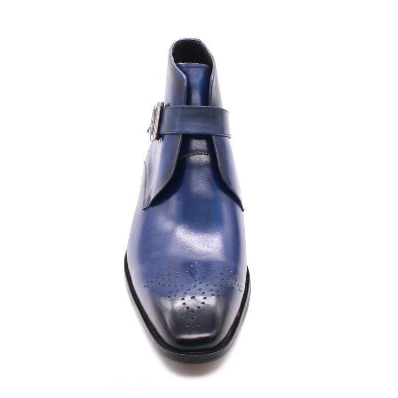 Luxury Handmade Blue Genuine Leather Ankle Boots - Pointed Toe Buckle Strap Dress Shoes for Men - Image 5