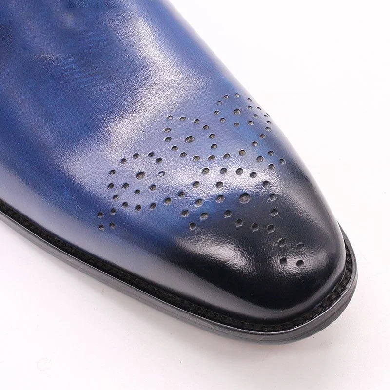 Luxury Handmade Blue Genuine Leather Ankle Boots - Pointed Toe Buckle Strap Dress Shoes for Men - Image 6