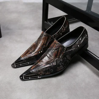 Christia Bella New Fashion Rivet Genuine Leather Men’s Business Shoes - Plus Size Slip-On Metal Pointed Toe Formal Dress Shoes