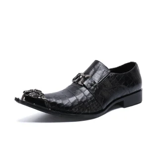Christia Bella Fashion Chain Genuine Leather Men Business Shoes - Slip-On Metal Pointed Toe Formal Dress Shoes