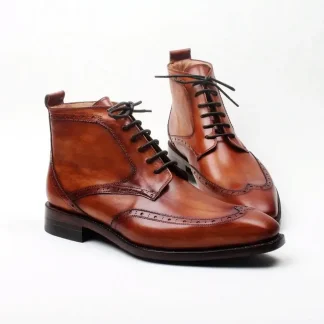 Full Grain Calf Leather Goodyear Welted Wingtips Boot for Men – Handmade Formal Business Boot with Brown Patina