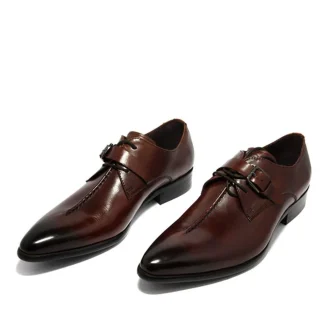Sipriks Men's Genuine Leather Monk Strap Shoes – Pointed Toe Buckle Shoes for Formal Suits, Weddings
