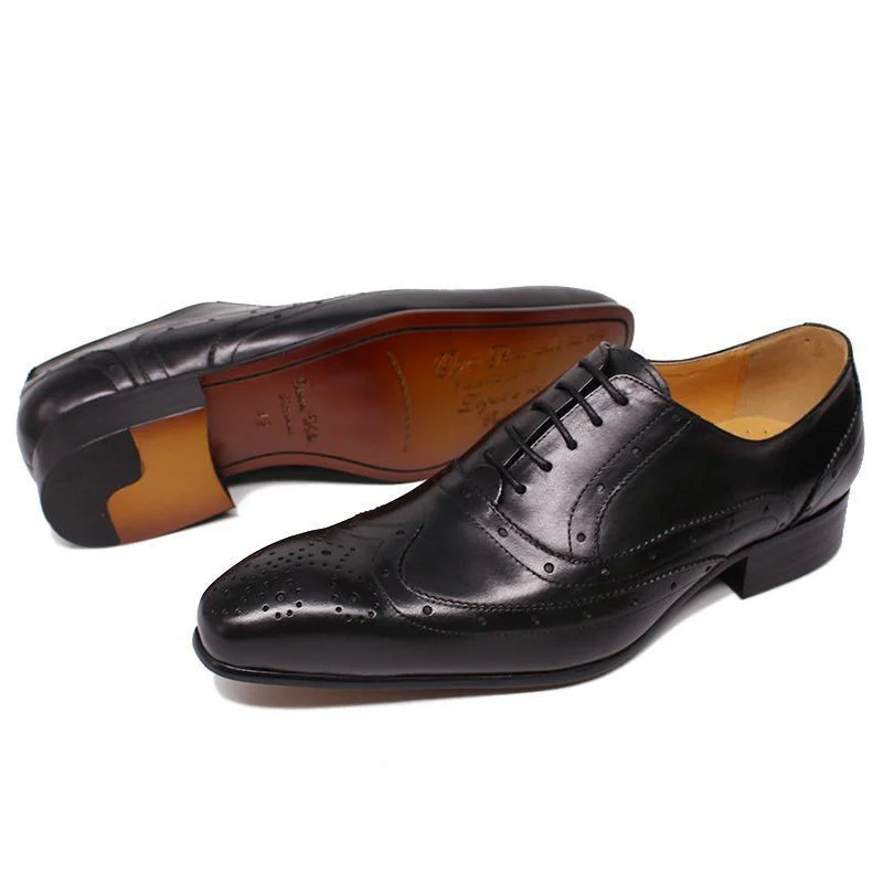 Luxury Handmade Leather Wingtip Oxfords – Black and Red Lace-Up Pointed Toe Formal Shoes for Men - Image 4