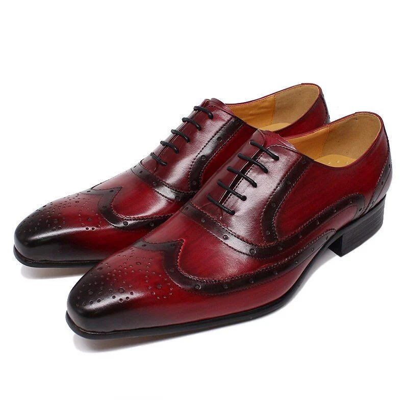 Luxury Handmade Leather Wingtip Oxfords – Black and Red Lace-Up Pointed Toe Formal Shoes for Men - Image 2