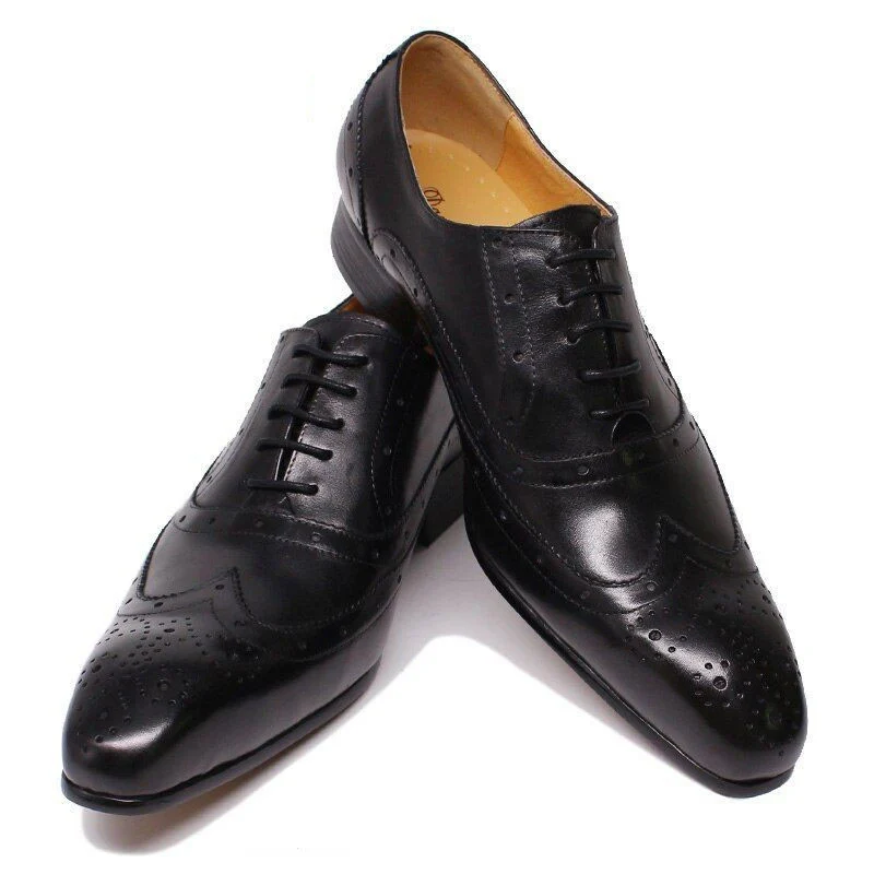 Luxury Handmade Leather Wingtip Oxfords – Black and Red Lace-Up Pointed Toe Formal Shoes for Men - Image 5