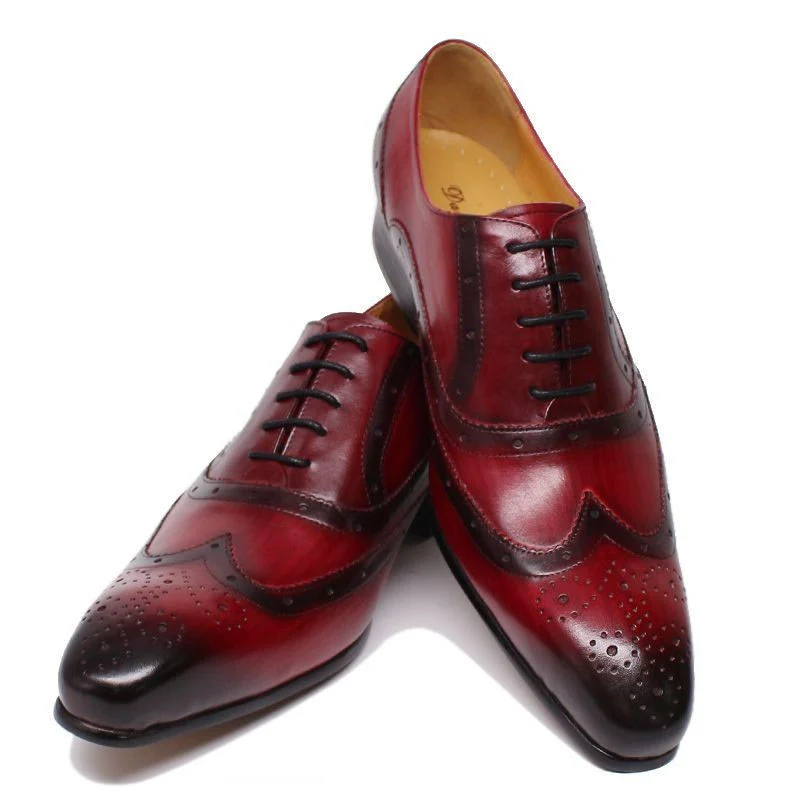 Luxury Handmade Leather Wingtip Oxfords – Black and Red Lace-Up Pointed Toe Formal Shoes for Men - Image 3